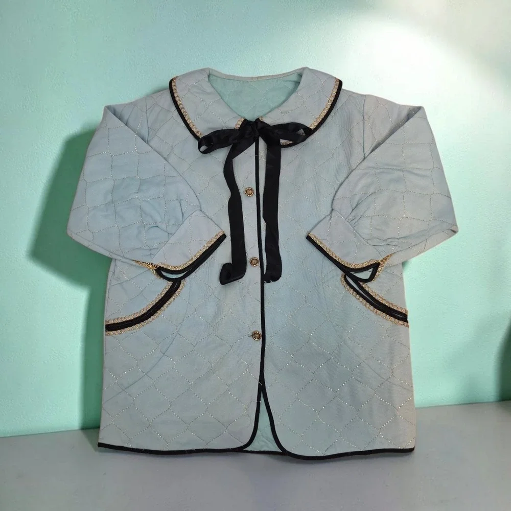 Vintage Light Blue Quilted Coat Kids Gold Trim Ribbon Bow Peter Pan Collar